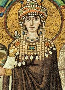 Photo of the vividly colored Theodora mosaic in Basilica San Vitale (Ravenna).