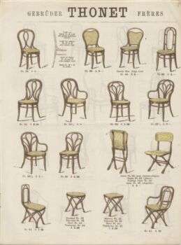 Foto di un catalogo d'asta dei fratelli Thonet, con diversi modelli di sedie, datato 1885.