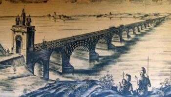 A drawing of the Trajan's Bridge in a blue-tone pencil. 