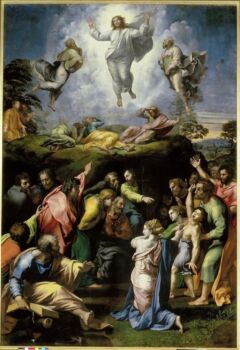 A colorful and vivid painting of the transfiguration of Jesus by Raphael. 