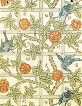 Trellis - Un'immagine di un disegno di arti e mestieri che ha una pianta con fiori d'arancio, 4 uccelli blu e insetti che circondano la pianta. 