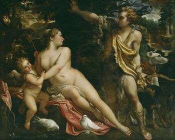 A painting of Venus and Cupido together on the left and Adonis on the right. The painting is an example of Eclectic style. 