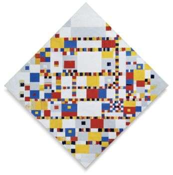 Piet Mondrian (1872–1944), Victory Boogie Woogie (unfinished), 1942–1944: A square piece of art with red, yellow, blue, black and white rectangules. 