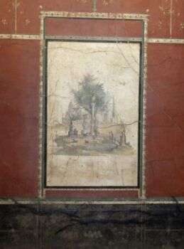 Naples Museum 143: Painting of a villa on a stone slab. The painting is on a red-brown wall with various artistic accents. 
