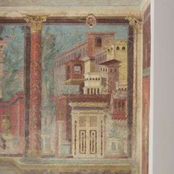 Cubiculum (bedroom) from the Villa of P. Fannius Synistor at Boscoreale: Wall painting of a villa, there is a red column painted on the left and various rectangular buildings on the right. 
