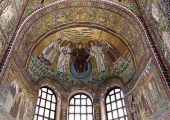 Christ with Bishop Ecclesius offering a model of the church and St. Vitale, apse of Basilica of San Vitale, begun in 525; Ravenna.