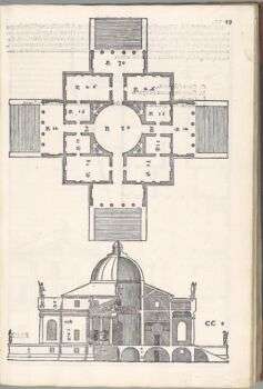 I Printed book with woodcut illustrations of the floor plan of a structure, by Palladio.
