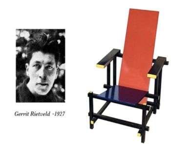 Gerrit Rietveld & His Chair : une photo de Rietveld à gauche et sa signature, chaise rouge et jaune à droite.