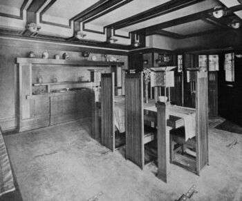 Interior (1911) Robie House Dining Room: Black and white photo of the interior of Wright's house design. 